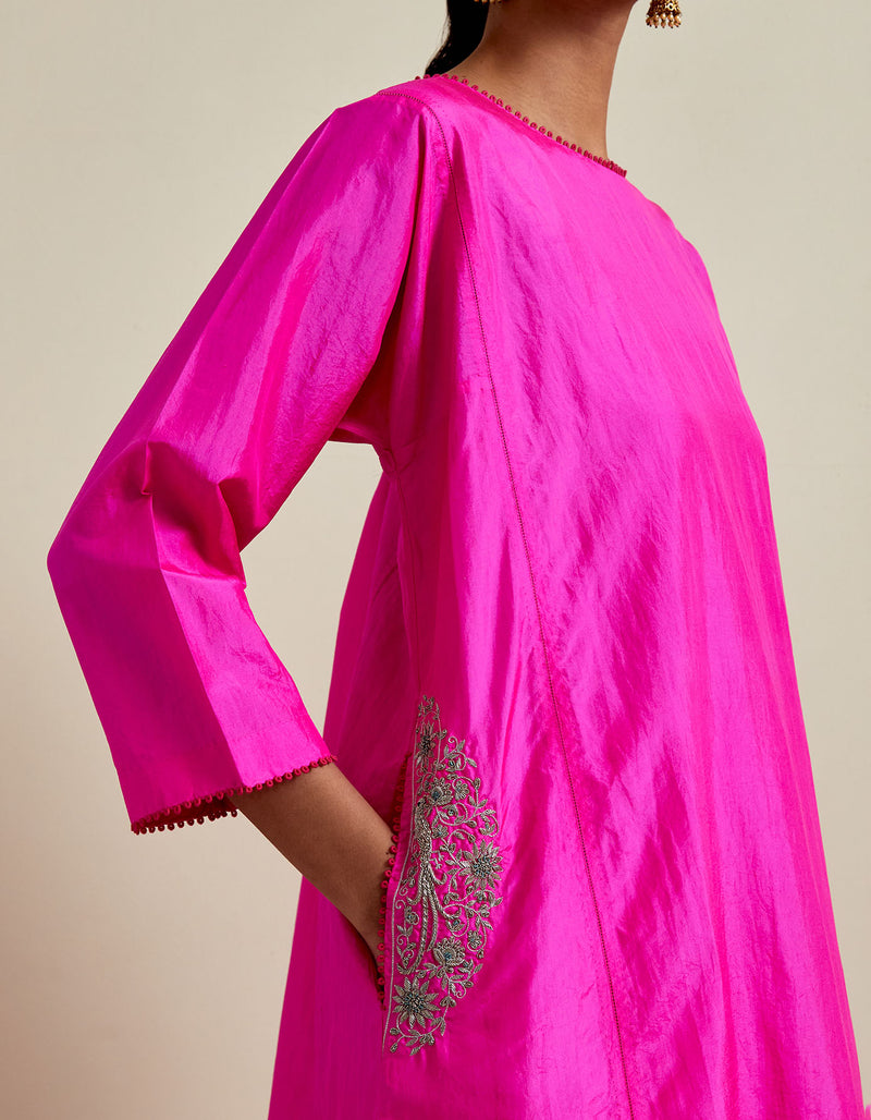 EMBROIDERED TUNIC TROUSER SET- HOT PINK