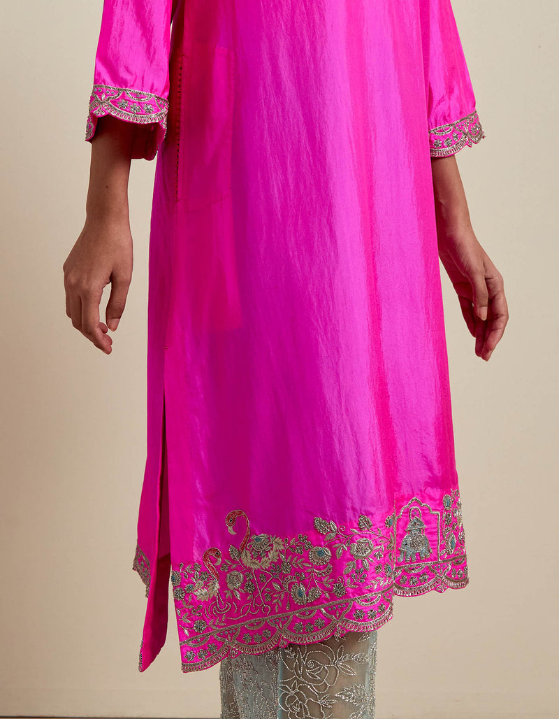 EMBROIDERED TUNIC TROUSER SET- HOT PINK/AQUA