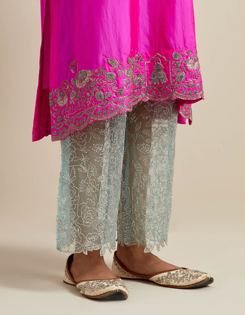 EMBROIDERED TUNIC TROUSER SET- HOT PINK/AQUA