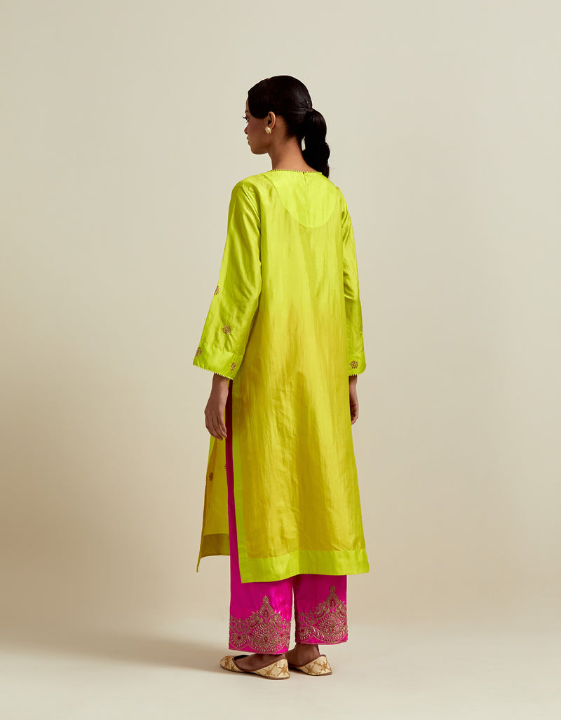 EMBROIDERED TUNIC TROUSER SET- LIME/HOT PINK