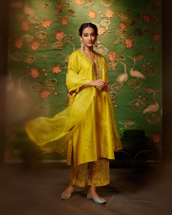 EMBROIDERED TUNIC TROUSER SET- MUSTARD