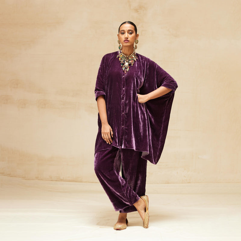 Wine silk velvet kurta with pants - set of two by Label Priya Chaudhary |  The Secret Label