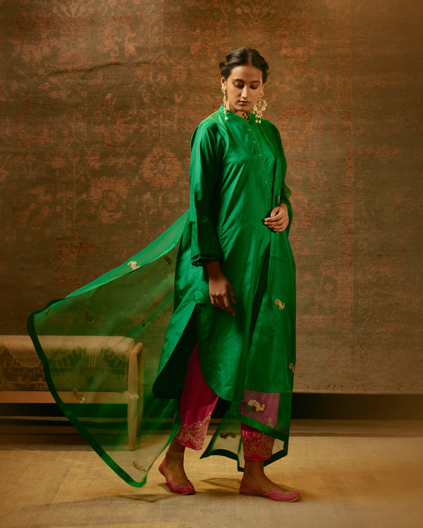 EMBROIDERED TUNIC TROUSER SET- GREEN/PINK