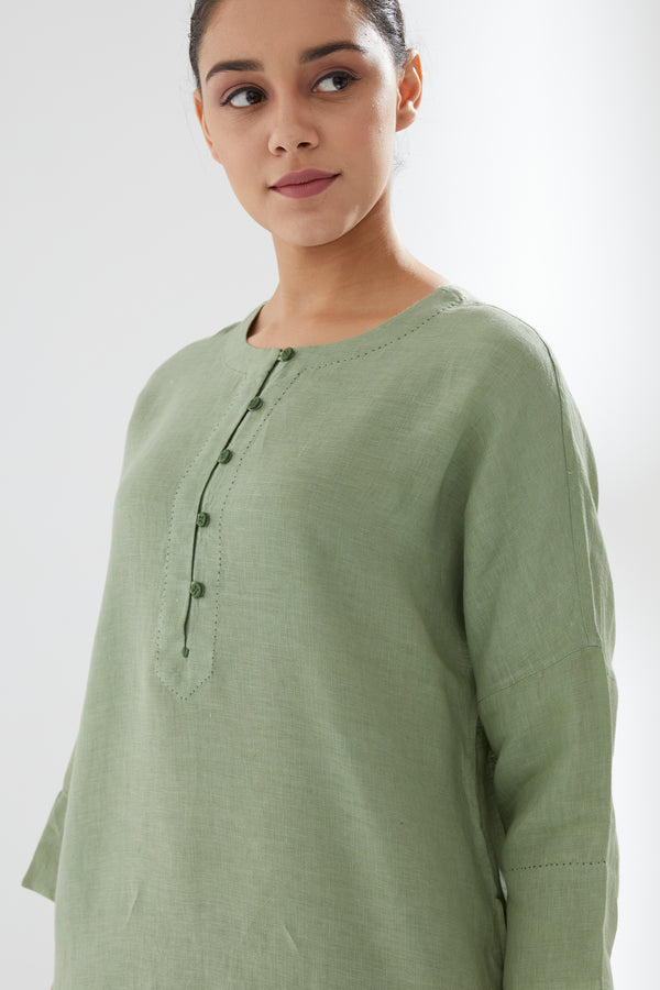 Drop-shoulder, Button-up Tunic With Pants